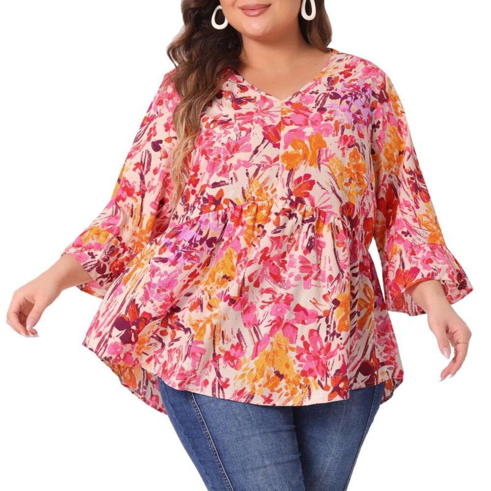 Plus Size Floral Blouses V Neck Ruffle Sleeve Babydoll Peplum Top Orange Pink